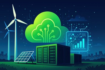 Poster - Renewable energy data center. Digital illustration of renewable energy and cloud computing technology.