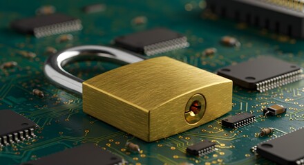 Poster - Golden padlock on a green circuit board. Digital security and data protection concept. Cybersecurity system for modern technology.