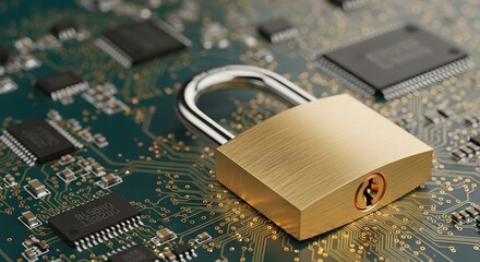 Poster - Golden padlock on a green circuit board. Digital security and data protection concept. Cybersecurity system for modern technology.
