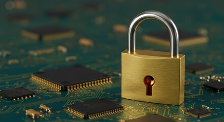 Poster - Golden padlock on a green circuit board. Digital security and data protection concept. Cybersecurity system for modern technology.