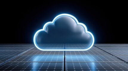 Poster - Renewable energy data center. Digital cloud icon illuminated on a grid-like surface representing technology and connectivity.