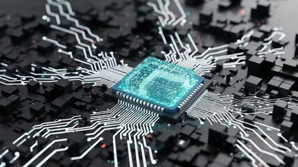 Poster - A glowing blue central processor chip is intricately connected to a complex network of circuits and dark, cubic structures, symbolizing advanced technology and data flow