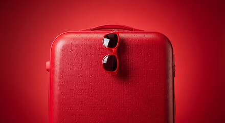 Poster - Red suitcase with red sunglasses on top, against a red background, symbolizing travel and summer vacation, minimal and stylish concept