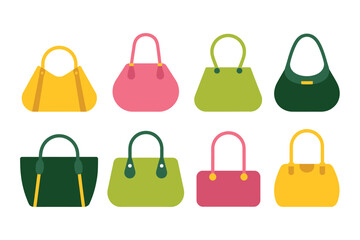 Poster - A collection of eight colorful handbags displayed in two rows on a white background in a flat design