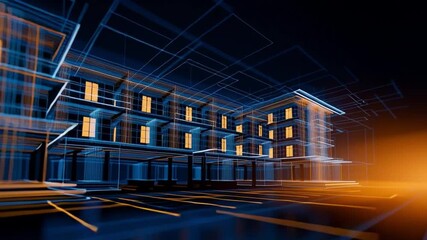 Poster - Futuristic architectural design featuring illuminated windows in a digital landscape at night