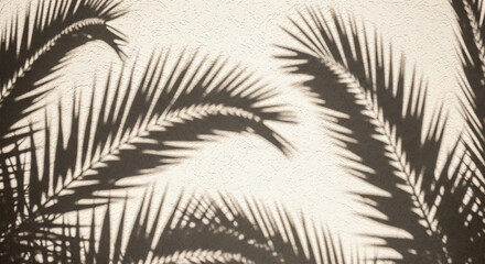 Poster - Beige wall with palm leaf shadows, creating a tropical, summery aesthetic, ideal for background or design element showcasing tranquility and warmth