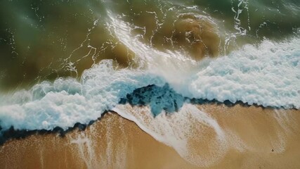 Poster - Aerial shot of a wave crashing onto the sand, ideal for summer vibes or coastal scenes