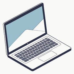 Poster - An isometric illustration of an open laptop computer with a stylized screen and keyboard, presented on a plain background