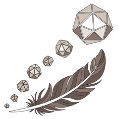 Poster - A delicate feather gracefully ascends, leaving a trail of geometric icosahedrons that diminish in size, suggesting a journey of growth and transformation against a clean white background
