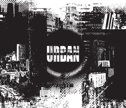 Abstract vector banner on the theme of urbanism, street art, digital technology and photo studios against the background of the architecture of a city, pixels.T-shirt design, poster, logo. No AI used 