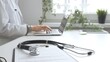 © volha_r - Stethoscope and medical records are on the desk opposite the doctor is typing on a laptop with a in a medical office, suggesting online healthcare or telemedicine services. Medicine concept
