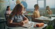 © Framestock - Focus on Elementary School Girl Writing in School Notebook During Geography Lesson in Modern Classroom. Team of Smart Diverse Kids Sitting at Desks, Studying Ecology, Listening to Lecture from Teacher