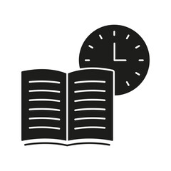 Poster - Open Book With Clock Solid Icon. Time Management, Study Scheduling, And Reading Planning Silhouette Symbol. Educational Efficiency. Isolated Vector Illustration
