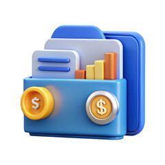 Poster - Blue 3d wallet icon with dollar signs and increasing bar graph symbolizing finance growth investment and money management with soft lighting on background