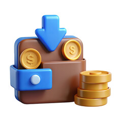 Poster - Earning concept 3d rendered wallet with dollar coins stack and download arrow digital transactions and online banking business finance payment and savings investment