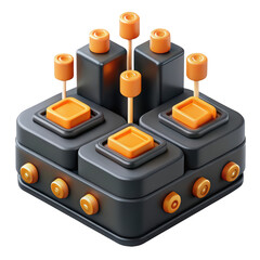 Poster - Isometric 3d rendering of abstract technology machine with levers and buttons with and orange color scheme on a background