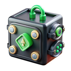 Poster - Stylized futuristic device cube with buttons knobs and handle in green and on a background