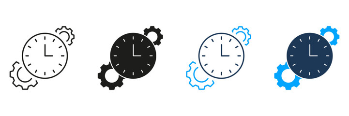 Fototapete - clock with gears line and solid icon set. time management, efficiency, and process optimization symb