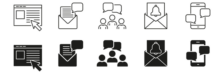 Fototapete - Communication And Notification Line And Solid Icon Set. Email, Messaging, And Alert Symbol Collection. Digital Interaction And Connectivity Representation. Isolated Vector Illustration