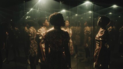 Poster - Woman stands in a reflective space, bathed in soft light, showcasing beauty and contemplation