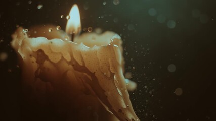 Poster - Candle flame flickers as wax drips in a serene, dimly lit atmosphere during a quiet evening moment