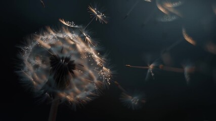 Poster - Captivating close-up of dandelion seeds dispersing in the gentle wind at twilight