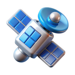 Poster - Stylized satellite illustration in blue and silver isolated on background exploring communication and technology in space and modern navigation