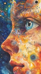 Wall Mural - A cosmic portrait of a surreal human face with stars, planets, and nebulae in the background.