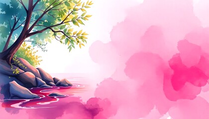 Poster - An artistic depiction of a serene landscape with a tree by the water and pink hue background