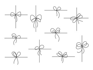 Poster - Set of Hand drawn Black Line bows on rope. Doodle bow icons. Simple gift decoration isolated. Cord, string tied. Element for birthday holiday christmas package, card, tag, poster, web ads