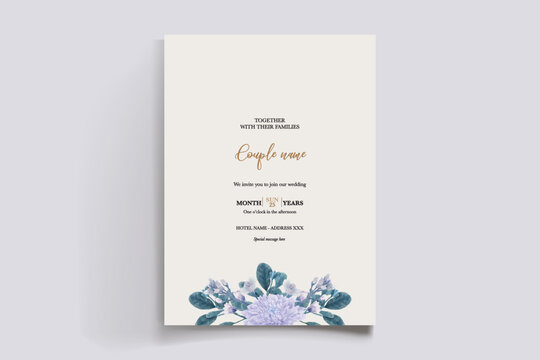 WEDDING INVITATION FRAME WITH FLOWER DECORATIONS AND FRESH LEAVES