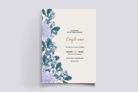 WEDDING INVITATION FRAME WITH FLOWER DECORATIONS AND FRESH LEAVES