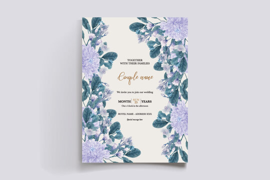 WEDDING INVITATION FRAME WITH FLOWER DECORATIONS AND FRESH LEAVES