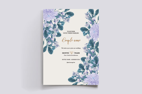 WEDDING INVITATION FRAME WITH FLOWER DECORATIONS AND FRESH LEAVES