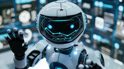 Poster - A robot stands in front of a wall of monitors, possibly monitoring or controlling the screens