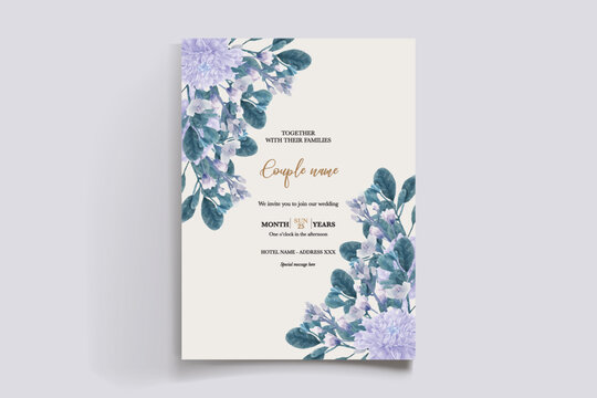 WEDDING INVITATION FRAME WITH FLOWER DECORATIONS AND FRESH LEAVES