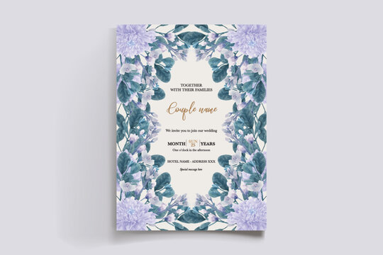 WEDDING INVITATION FRAME WITH FLOWER DECORATIONS AND FRESH LEAVES