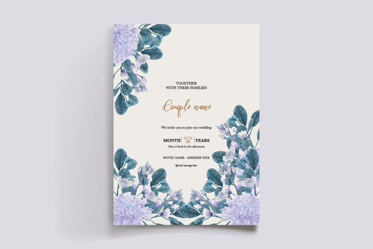 WEDDING INVITATION FRAME WITH FLOWER DECORATIONS AND FRESH LEAVES