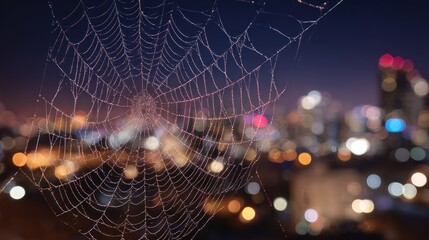 Dew-kissed spiderweb over city lights