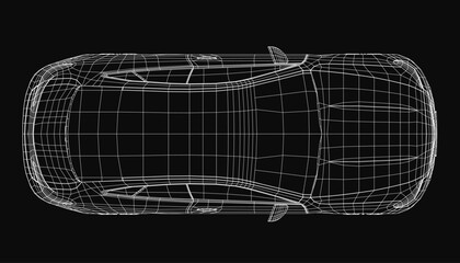 Poster - A sleek sports car wireframe model displays intricate design details on a black background. The 3D rendering highlights the vehicle's aerodynamic structure and precise engineering.