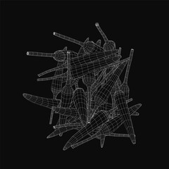 Poster - A 3D vector illustration of scattered chili pepper wireframes in white lines on a black background, featuring a messy pile of overlapping peppers with varying shapes and sizes.