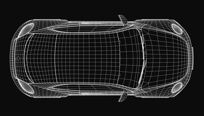 Poster - A sleek 3D wireframe model of a sports car displayed on a black background highlights its aerodynamic design and structural details. The blueprint-style rendering showcases precise contours.