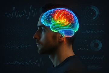 Poster - Illuminating the Mind: A striking portrait showcases a person's silhouette, overlaid with a vibrant illustration of a brain, highlighting the fascinating intersection of consciousness, thought.