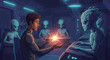 © Agung - A human interacts with aliens on a spaceship, holding a glowing object in his hand, surrounded by the extraterrestrial beings.