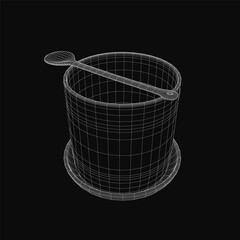 Aufkleber - A 3D wireframe model of a kitchen bucket containing a spoon, rendered with clean lines and geometric precision. The black background emphasizes the minimalist design and digital aesthetic.