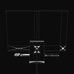 Fototapete - A sleek monoblock computer monitor with a large screen and thin bezel stands out against a solid black background. The wireframe drawing features slightly curved edges for a subtle 3D effect.