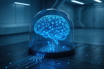 Poster - High-tech concept of a digital brain encased in glass, illuminated with glowing neural pathways and connected to a circuit board, symbolizing AI, intelligence, and innovation
