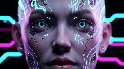 Poster - Close-up of a futuristic female face with glowing circuit patterns and bright blue eyes, set against a dark background with pink and blue neon accents.