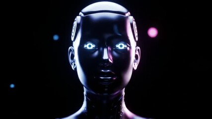 Poster - A futuristic humanoid robot head with glowing blue eyes, set against a dark background with blurred light orbs.