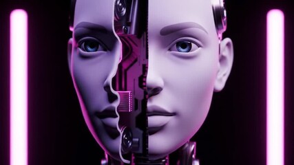 Poster - A futuristic robot face, half showing internal circuitry and the other half a smooth, human-like face, illuminated by neon lights.